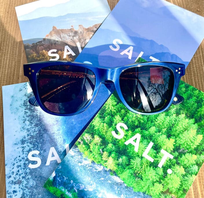 Sunglasses casually sit atop four vibrant brochures each boldly displaying the word "SALT " and showcasing scenic vistas like majestic mountains lush forests and serene coastlines